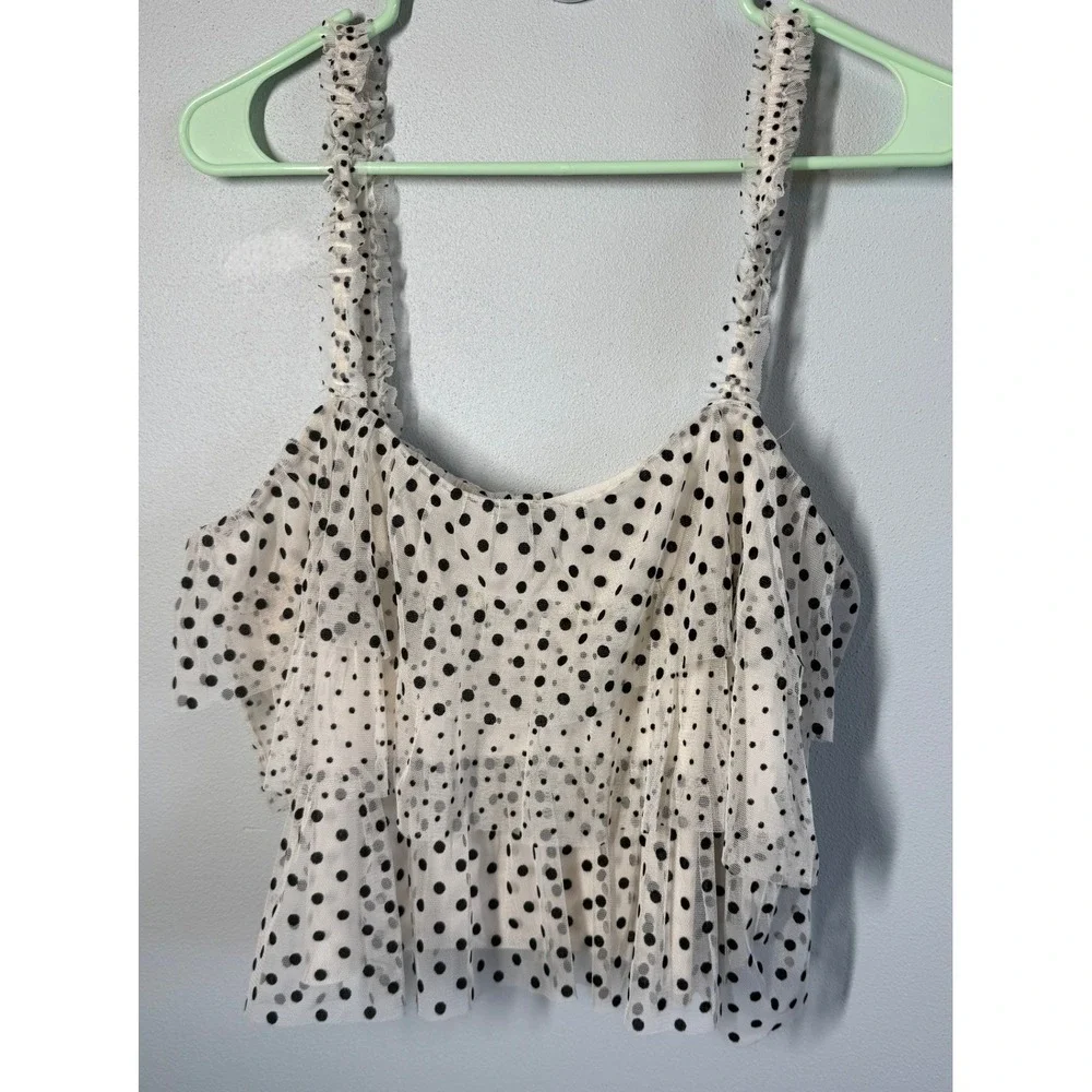 American‎ Eagle Womens Polka Dot Tiered Mesh Crop Top Ruffle Strap Size Large